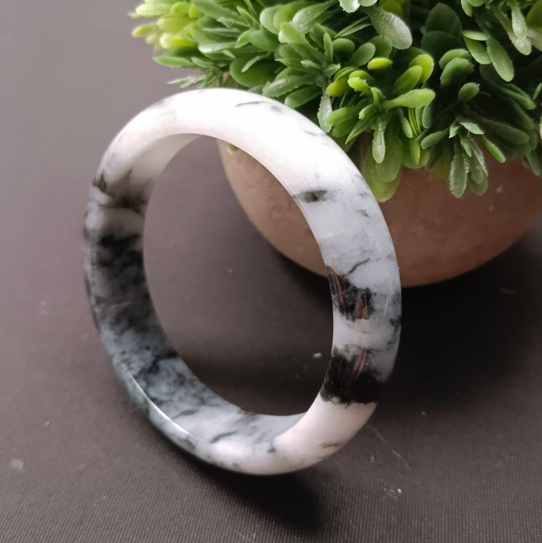 #1101 AGL Certified Dark Green/Black & White Burmese Jadeite Peace Bangle Bracelet