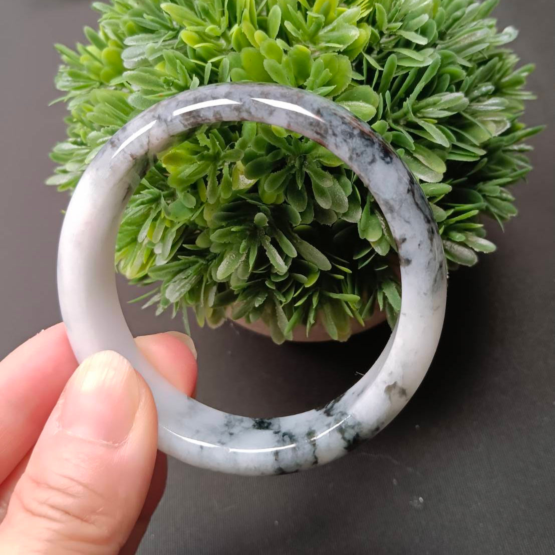 #1101 AGL Certified Dark Green/Black & White Burmese Jadeite Peace Bangle Bracelet