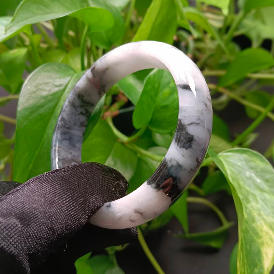 #1101 AGL Certified Dark Green/Black & White Burmese Jadeite Peace Bangle Bracelet