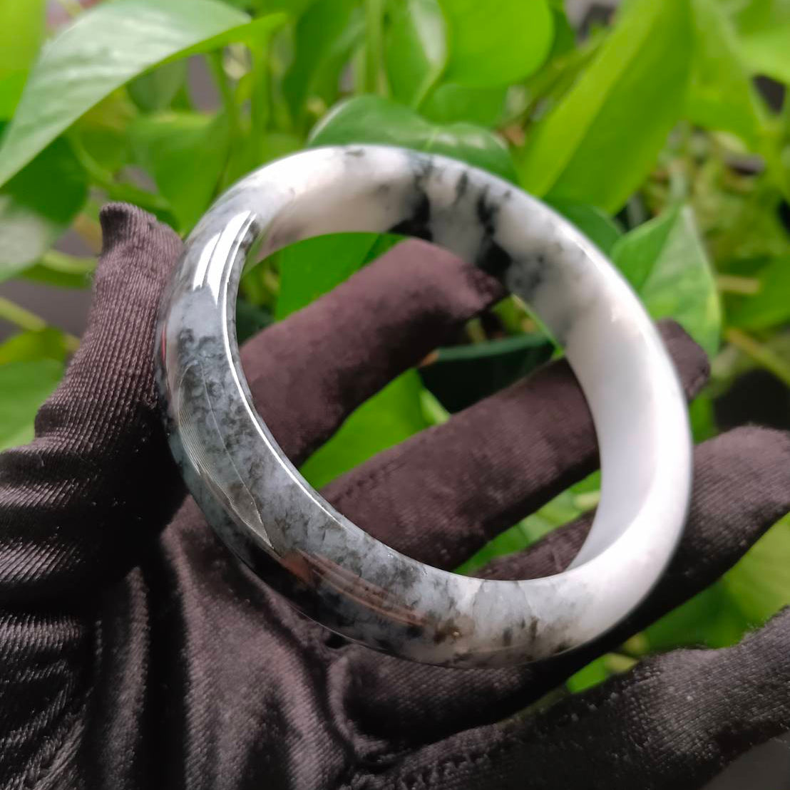 #1101 AGL Certified Dark Green/Black & White Burmese Jadeite Peace Bangle Bracelet