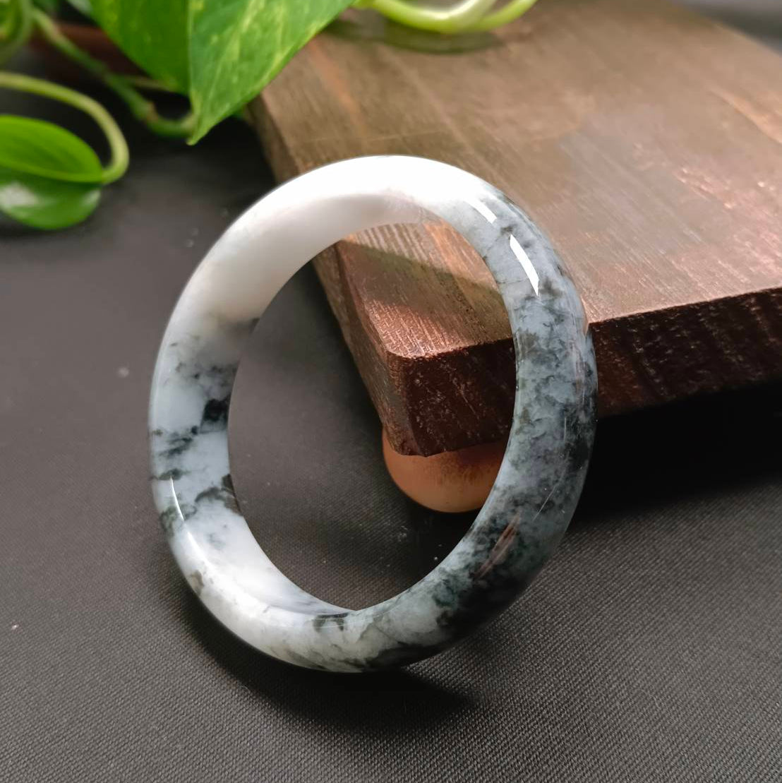 #1101 AGL Certified Dark Green/Black & White Burmese Jadeite Peace Bangle Bracelet