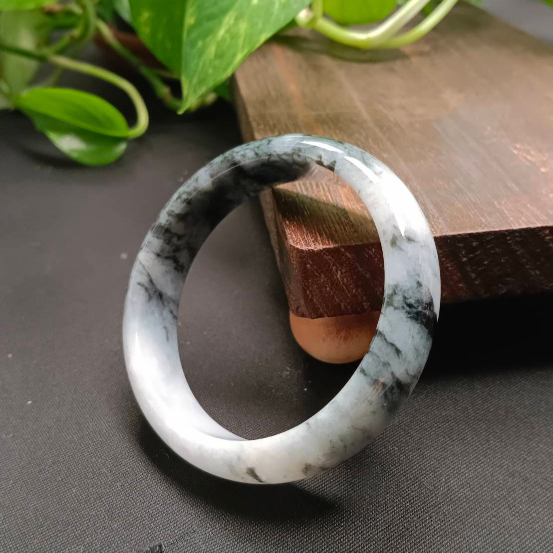 #1101 AGL Certified Dark Green/Black & White Burmese Jadeite Peace Bangle Bracelet