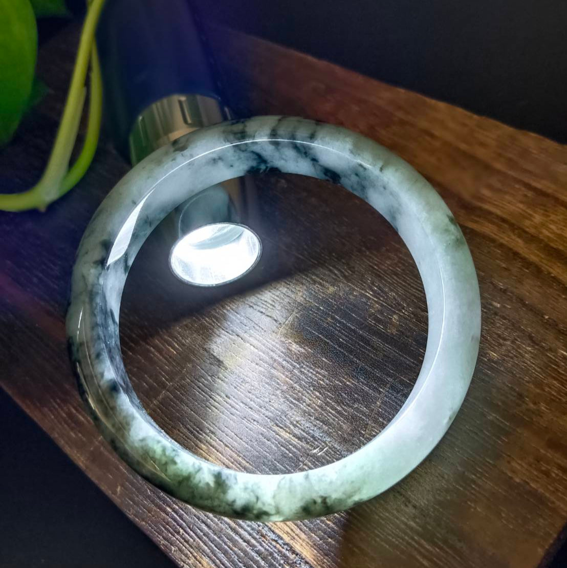 #1101 AGL Certified Dark Green/Black & White Burmese Jadeite Peace Bangle Bracelet