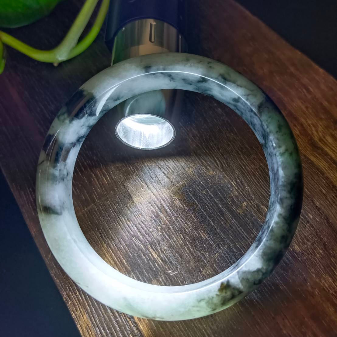 #1101 AGL Certified Dark Green/Black & White Burmese Jadeite Peace Bangle Bracelet