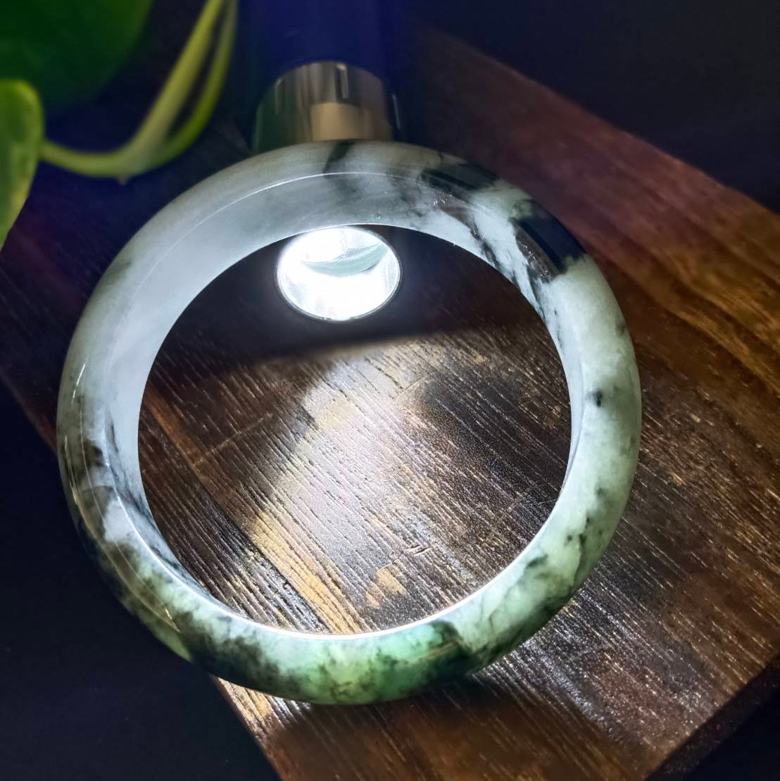 #1101 AGL Certified Dark Green/Black & White Burmese Jadeite Peace Bangle Bracelet