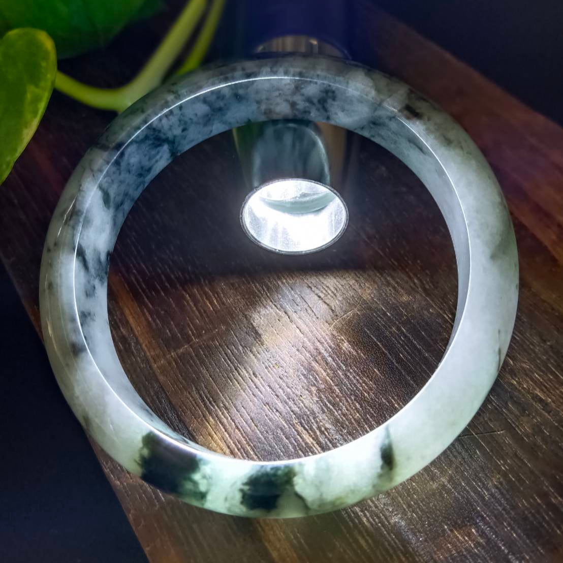 #1101 AGL Certified Dark Green/Black & White Burmese Jadeite Peace Bangle Bracelet