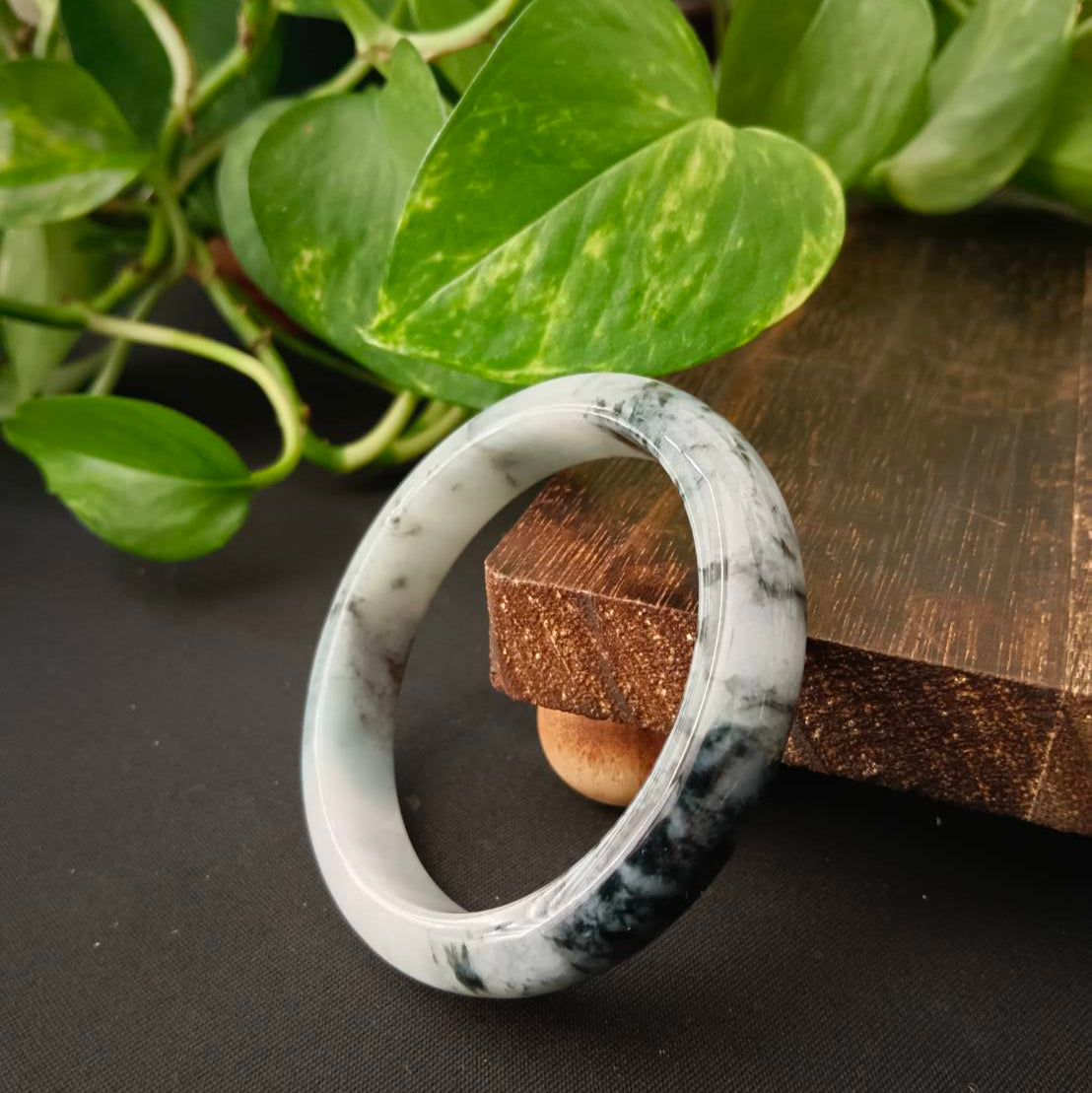 #1102 AGL Certified Dark Green/Black & White Burmese Jadeite Peace Bangle Bracelet