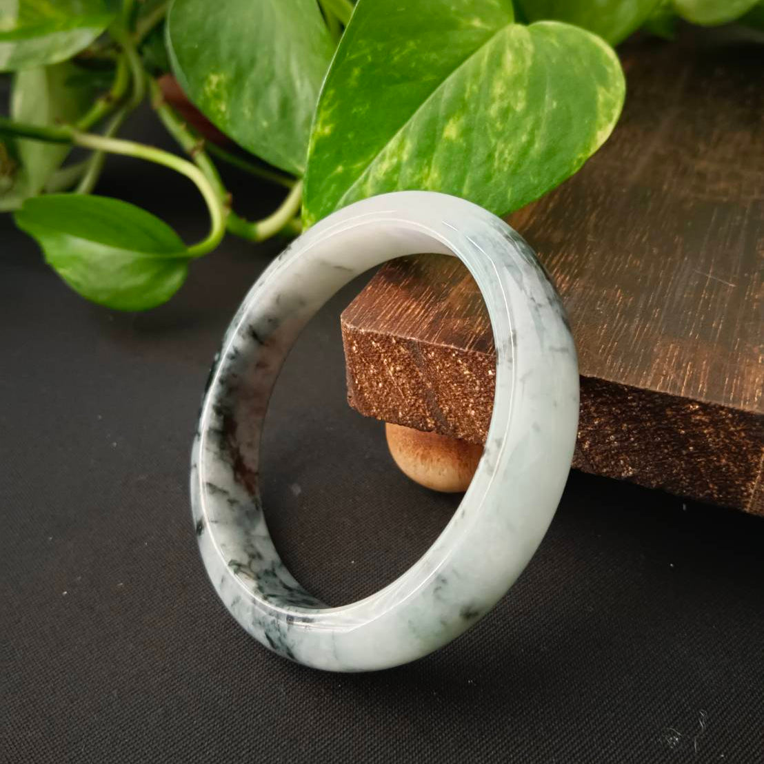#1102 AGL Certified Dark Green/Black & White Burmese Jadeite Peace Bangle Bracelet