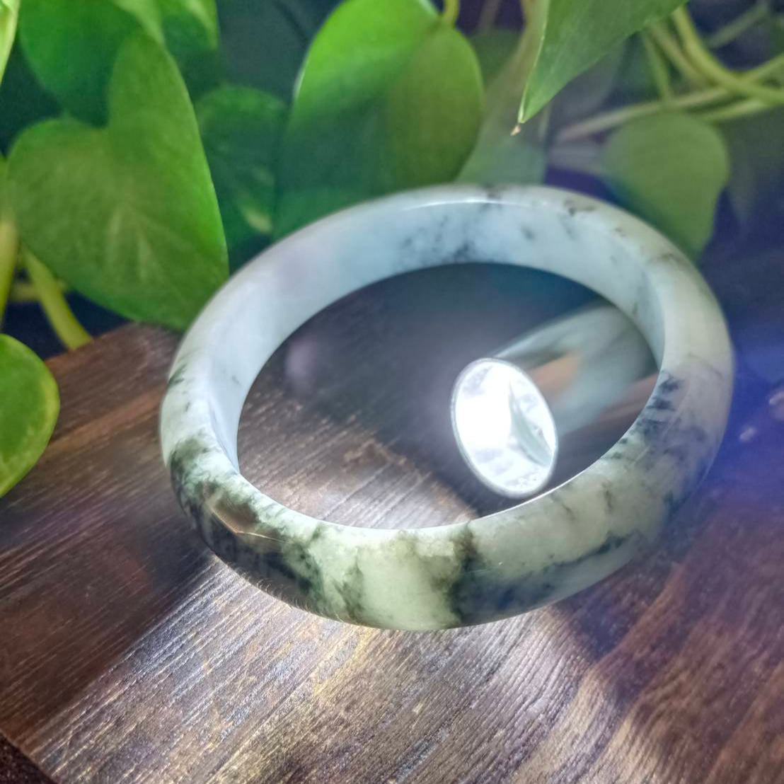 #1102 AGL Certified Dark Green/Black & White Burmese Jadeite Peace Bangle Bracelet