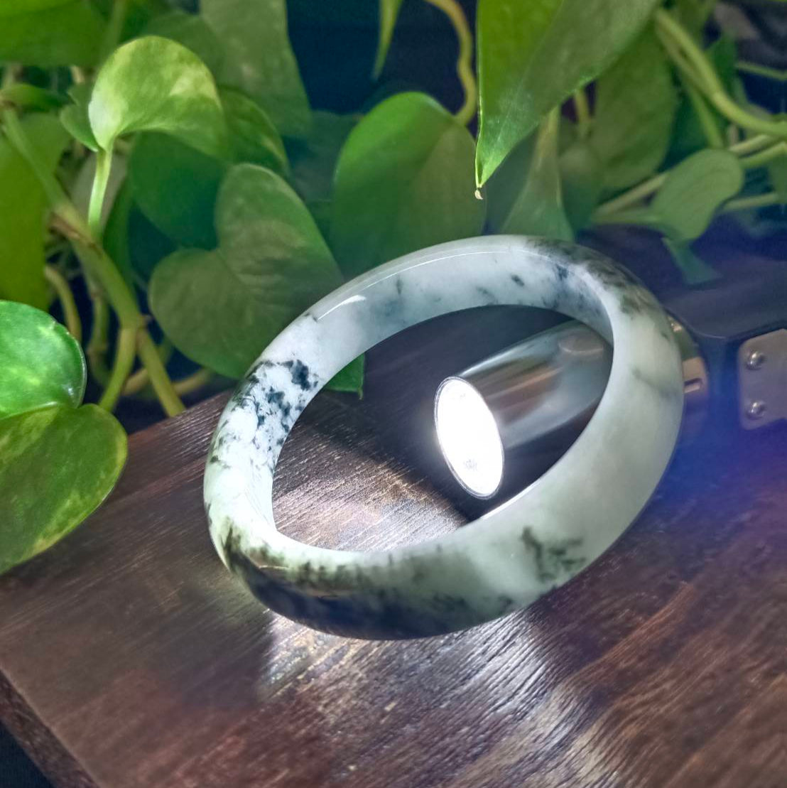 #1102 AGL Certified Dark Green/Black & White Burmese Jadeite Peace Bangle Bracelet