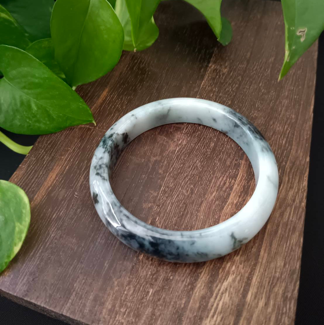 #1102 AGL Certified Dark Green/Black & White Burmese Jadeite Peace Bangle Bracelet
