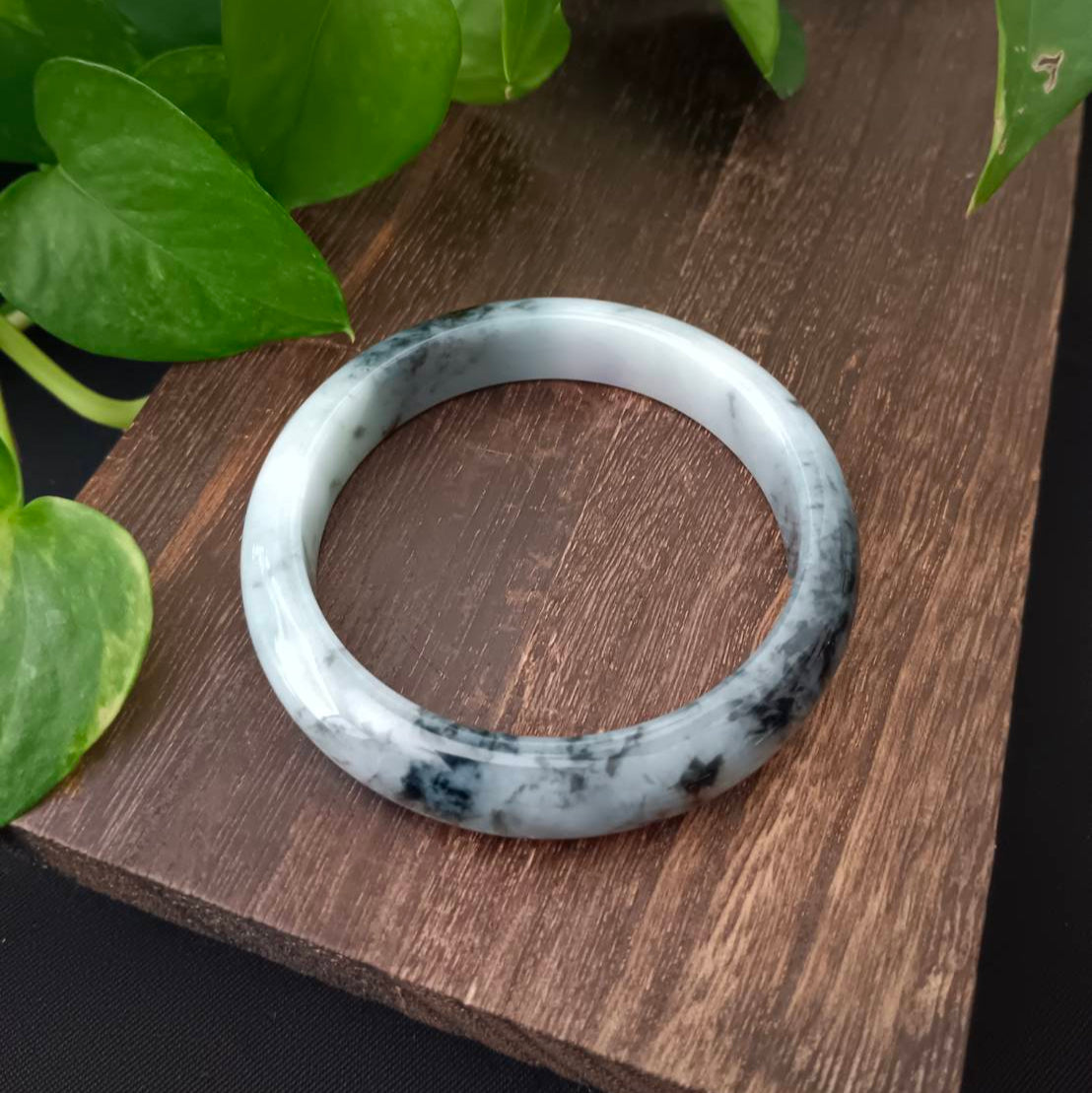 #1102 AGL Certified Dark Green/Black & White Burmese Jadeite Peace Bangle Bracelet