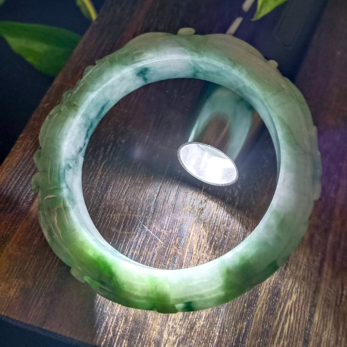 #1103 Green Burmese Jadeite Dragon & Phoenix Carved Bangle with Matching Core Set