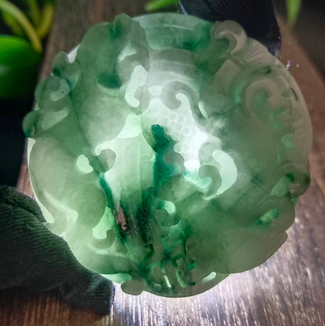 #1103 Green Burmese Jadeite Dragon & Phoenix Carved Bangle with Matching Core Set