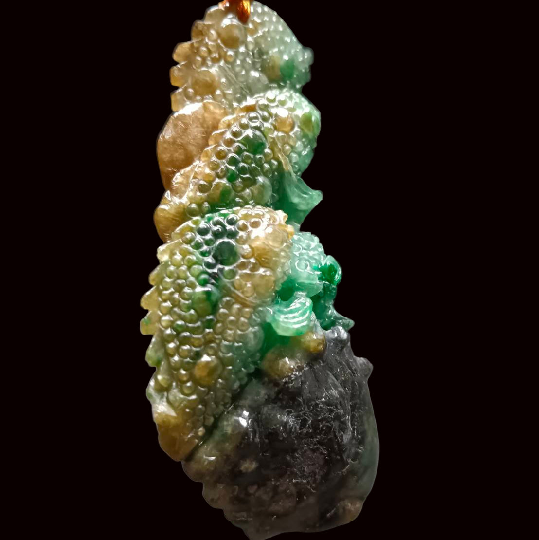 #1193 Tri-Color Burmese Jadeite Pendant – “Fishes Battling the Current”