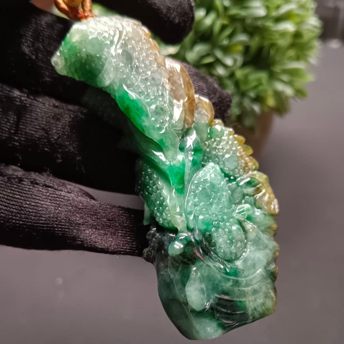 #1193 Tri-Color Burmese Jadeite Pendant – “Fishes Battling the Current”