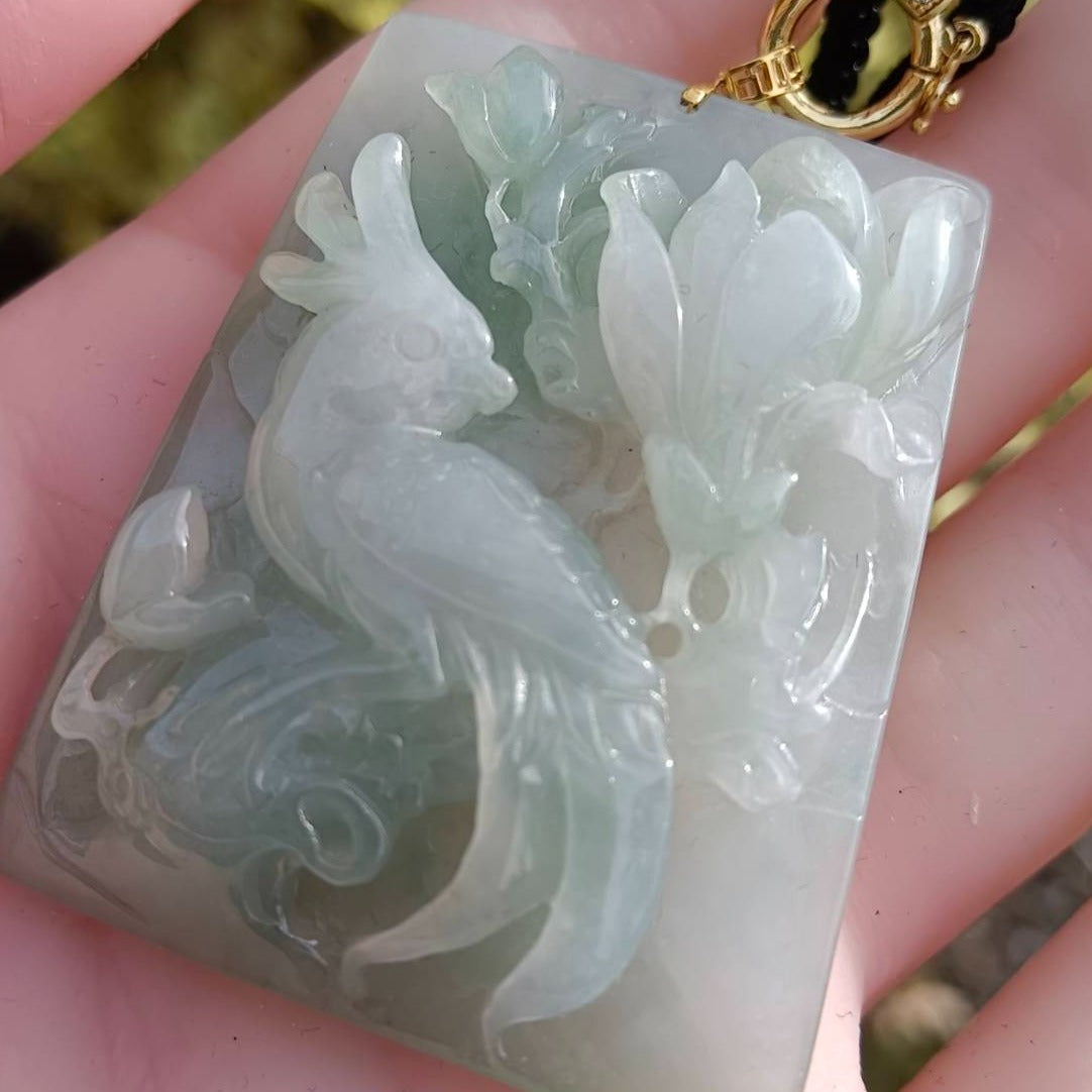 #159 GIA Certified Natural Jadeite Jade Parrot and Peonies Pendant with 18K Yellow Gold