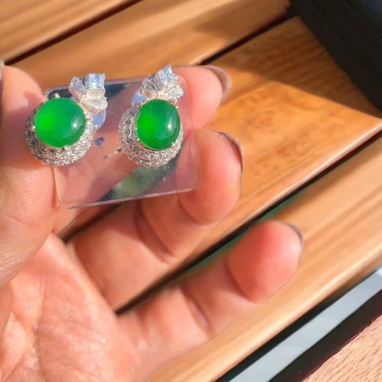 #127 GIA-Certified Icy Translucent Imperial Green Burma Jadeite Cabochons for Custom Earrings