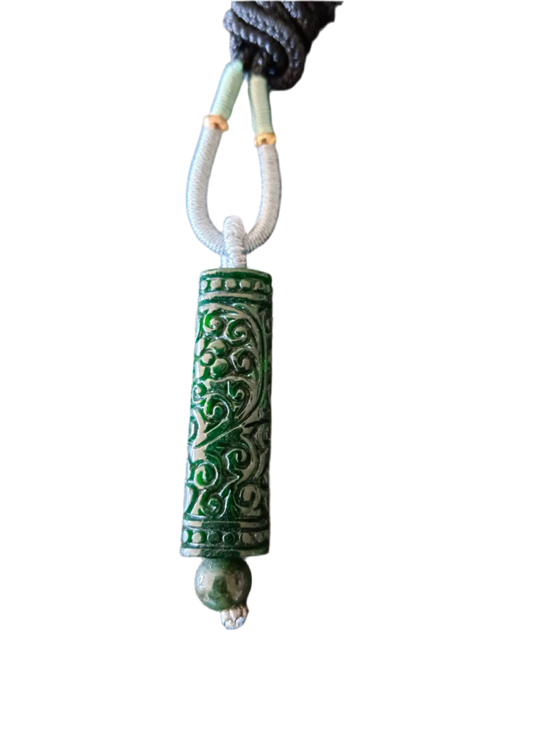 #796 AGL Certified Natural Dark Green Burma Jadeite, Carved Pillar Pendant