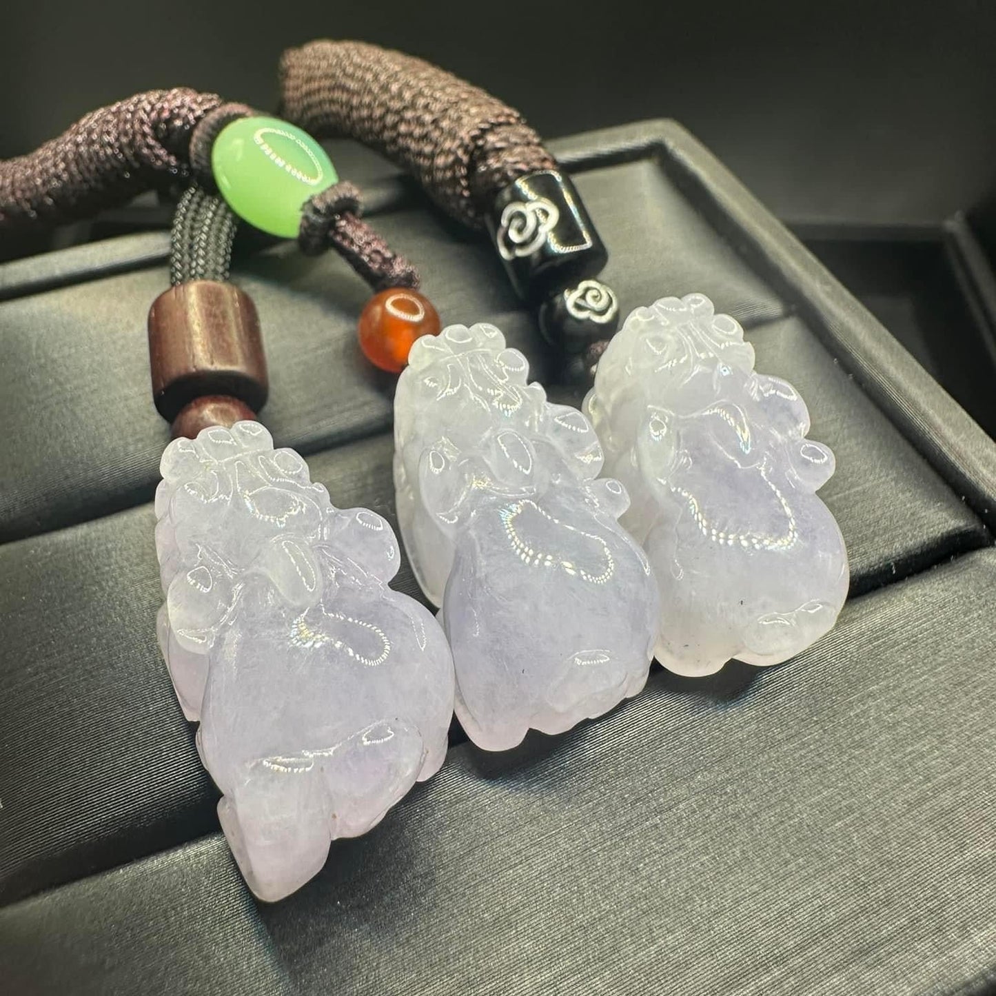 #848, the AGL Certified Natural Translucent Lavender Burma Jadeite Pixiu Triplets Pendants