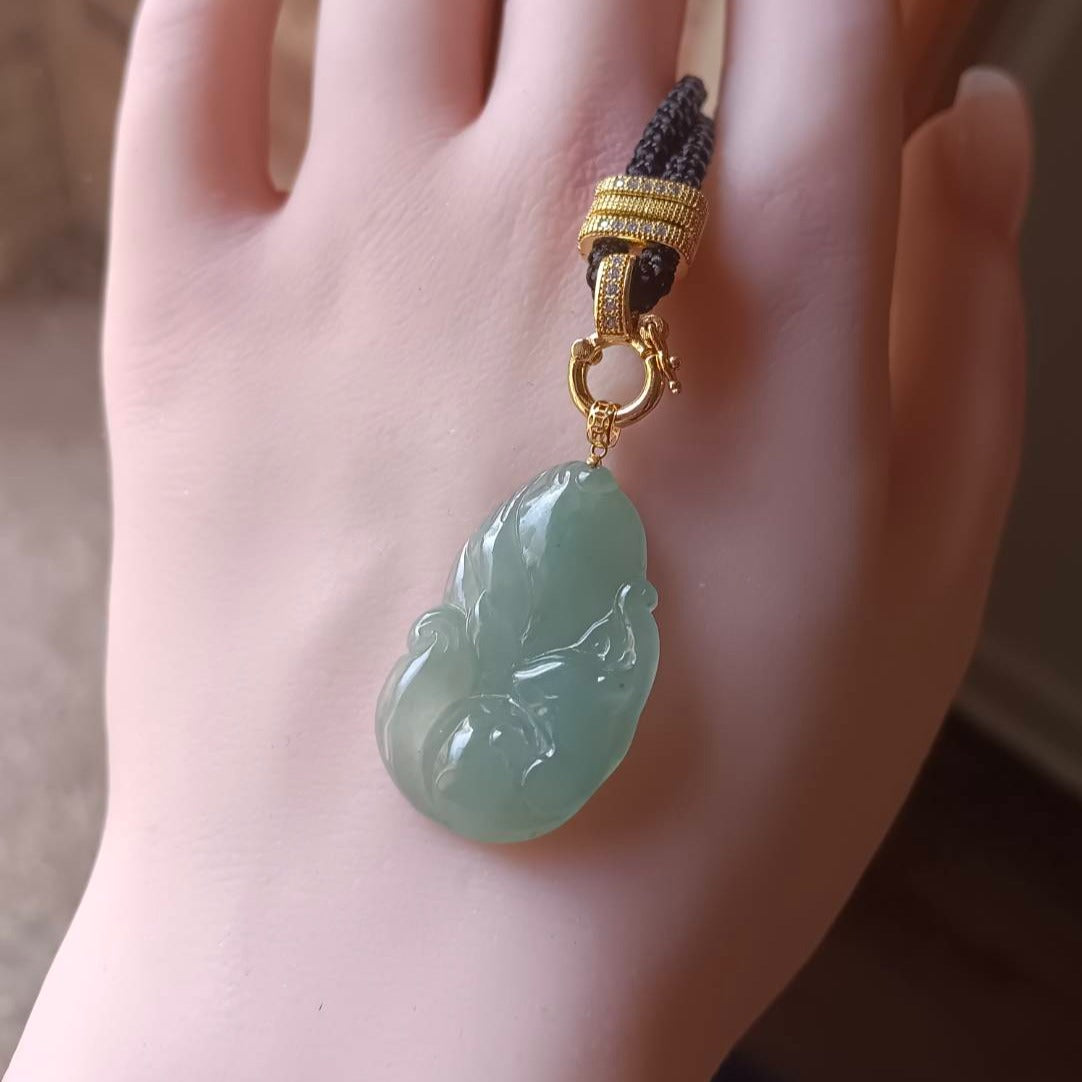#3 GIA Certified Natural Green Burma Jadeite Jade Nine-Tailed Fox Pendant with an 18K Gold Bail