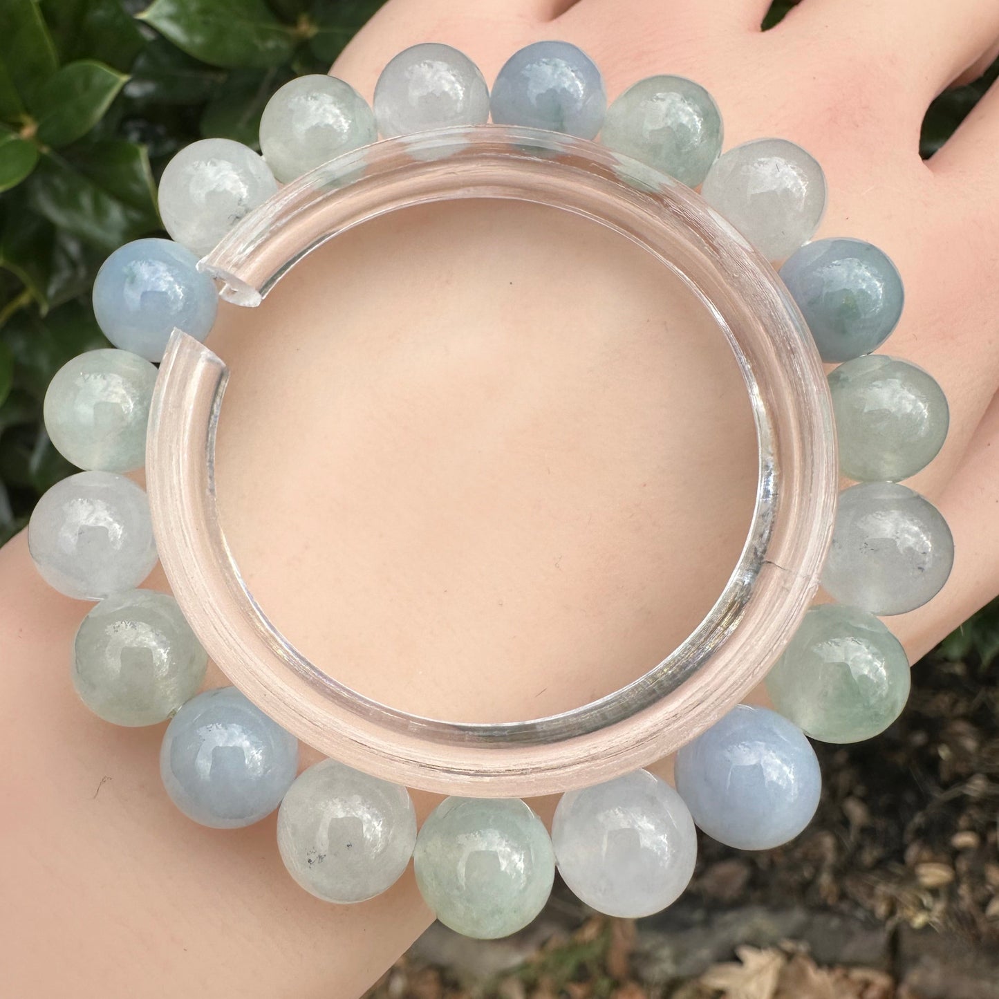 #186 GIA Certified Natural Burma Icy Translucent Morandi-Colors Jadeite Round Bead Bracelet, 10+ mm