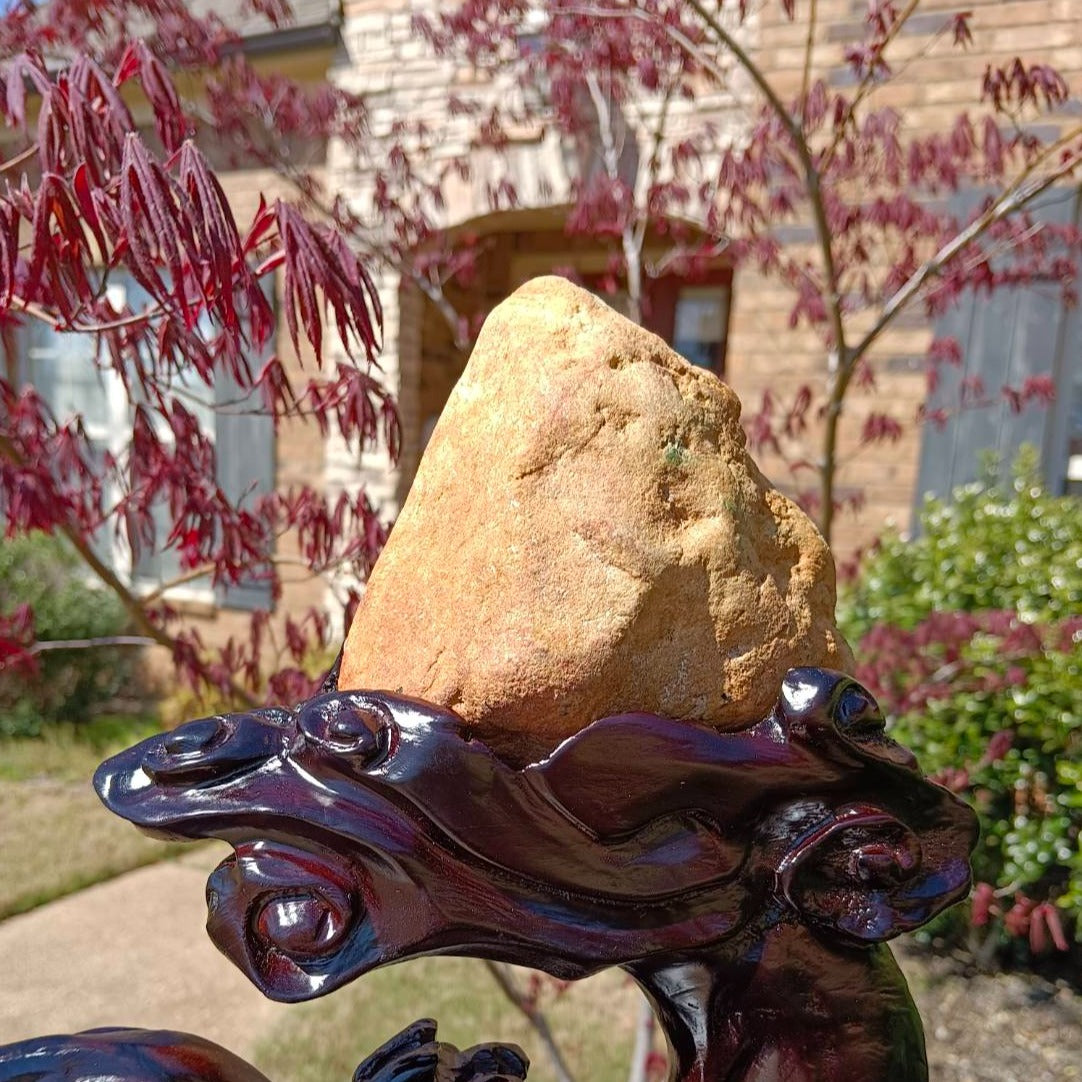 #630 AGL Certified Light Green Burma Jadeite Landscape Statuary with Yellow Skin and Customized Solid Wooded Base