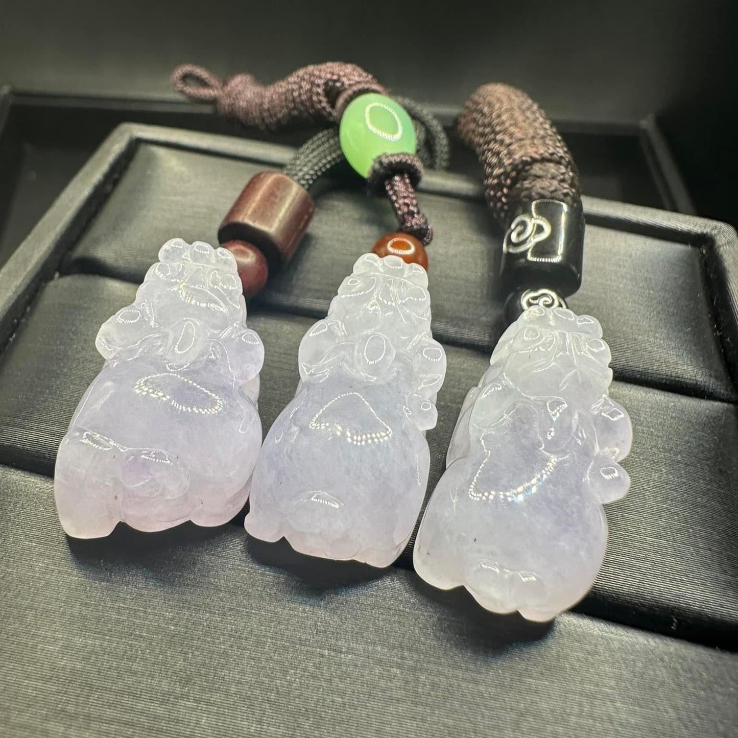#848, the AGL Certified Natural Translucent Lavender Burma Jadeite Pixiu Triplets Pendants