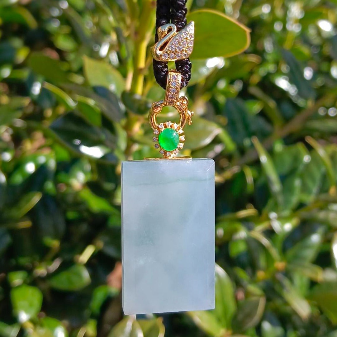 #109 GIA Certified Natural Sky Blue Icy Burma jade rectangular Wu Shi Pai pendant with an imperial green cabochon-diamond-18 K gold bail. A collector's piece.
