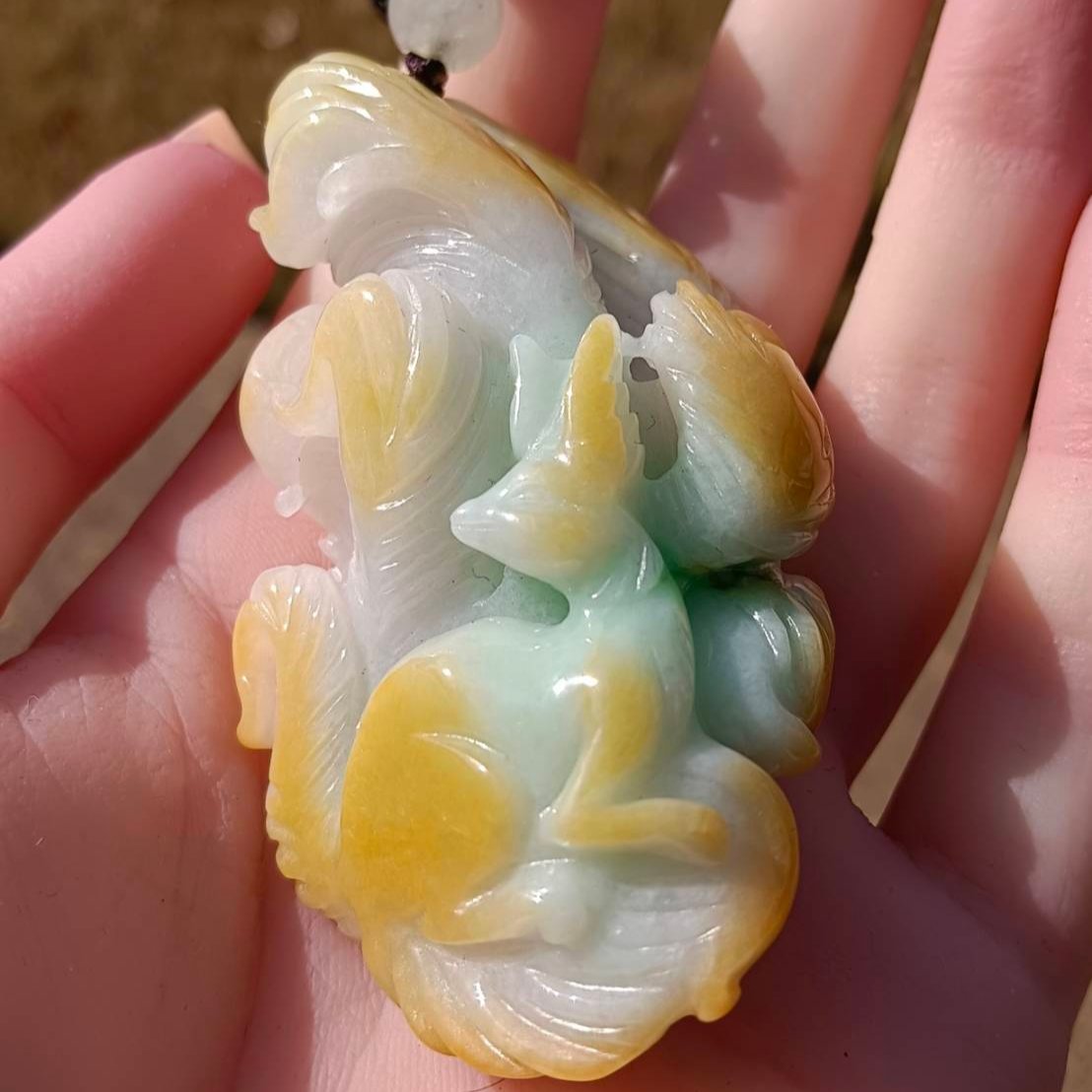 #81 Mason-Kay Certified Natural Jadeite Jade Tri-Color 9-Tailed Fox Pendant