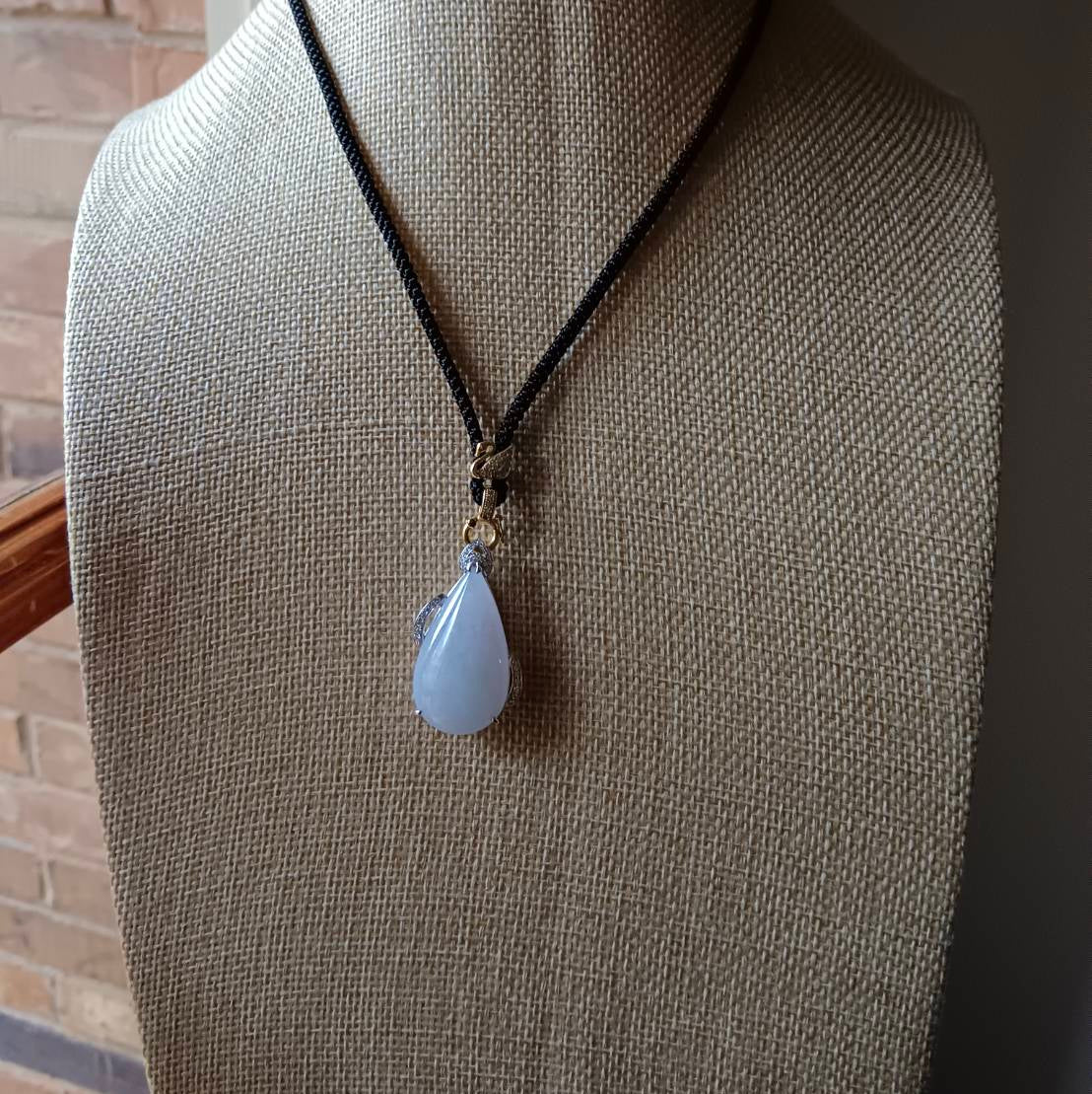 #155 GIA Certified Translucent Light Lavender Slashed Green Burma Jadeite - Water Droplet Pendent with 18K White Gold and Diamonds Setting