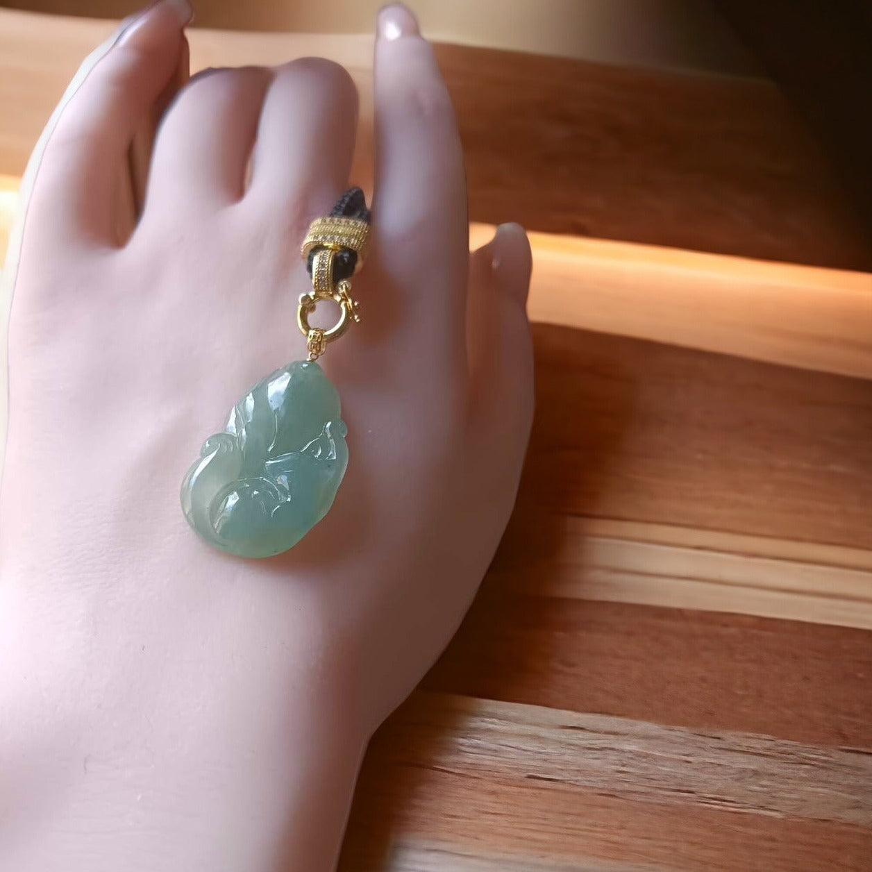 #3 GIA Certified Natural Green Burma Jadeite Jade Nine-Tailed Fox Pendant with an 18K Gold Bail