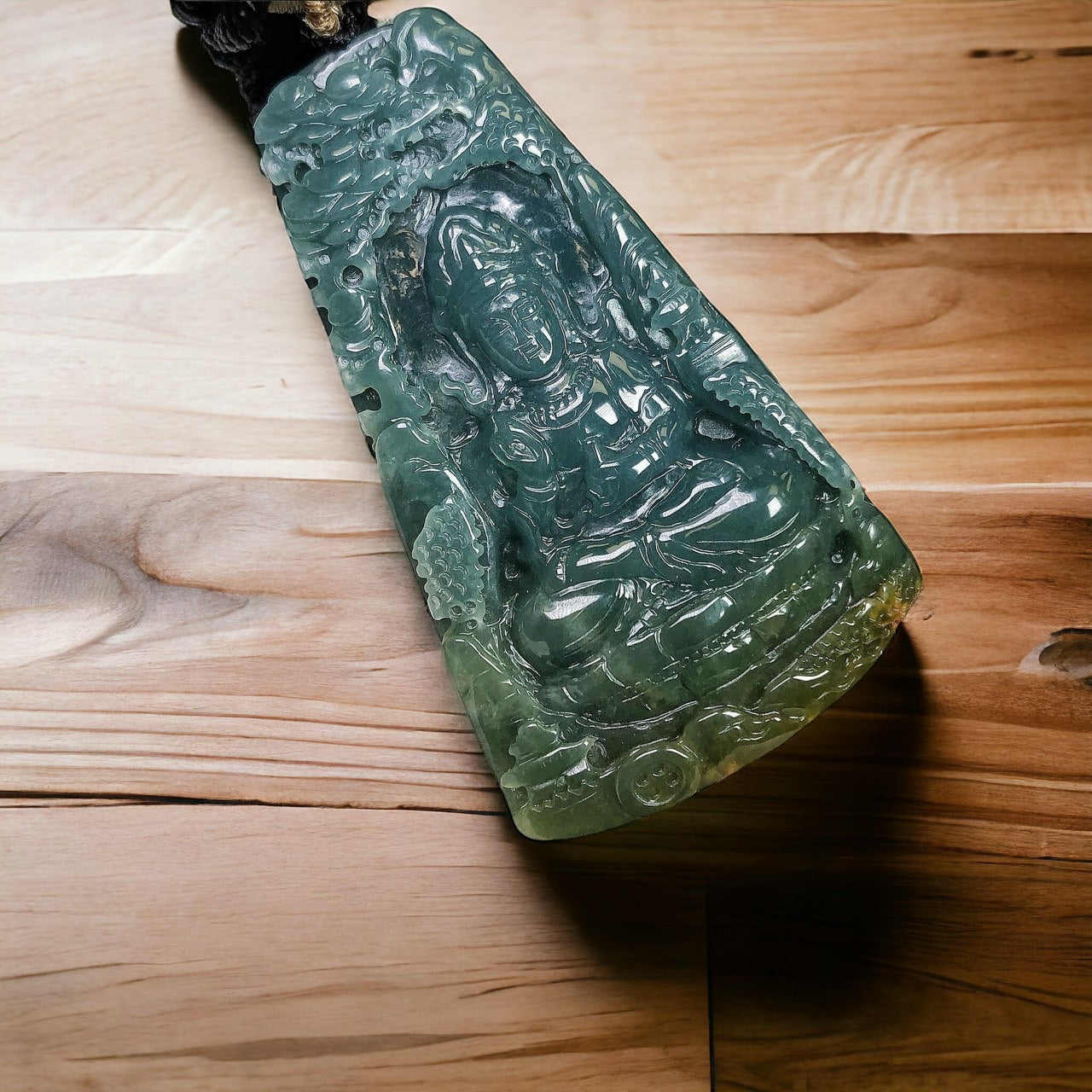#156 GIA Certified Natural Green Jadeite Landscape Guanyin Pendant
