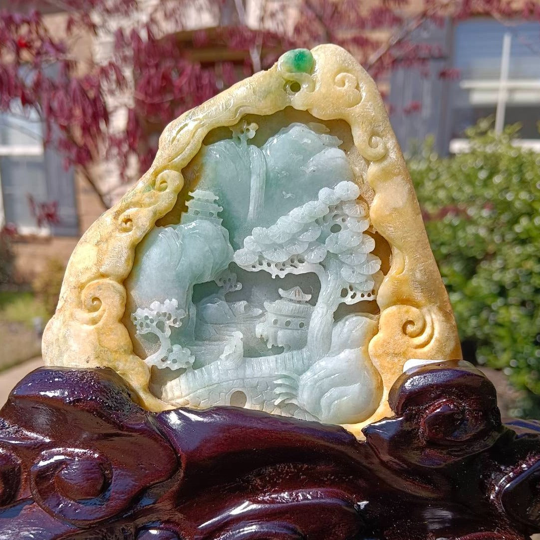 #630 AGL Certified Light Green Burma Jadeite Landscape Statuary with Yellow Skin and Customized Solid Wooded Base