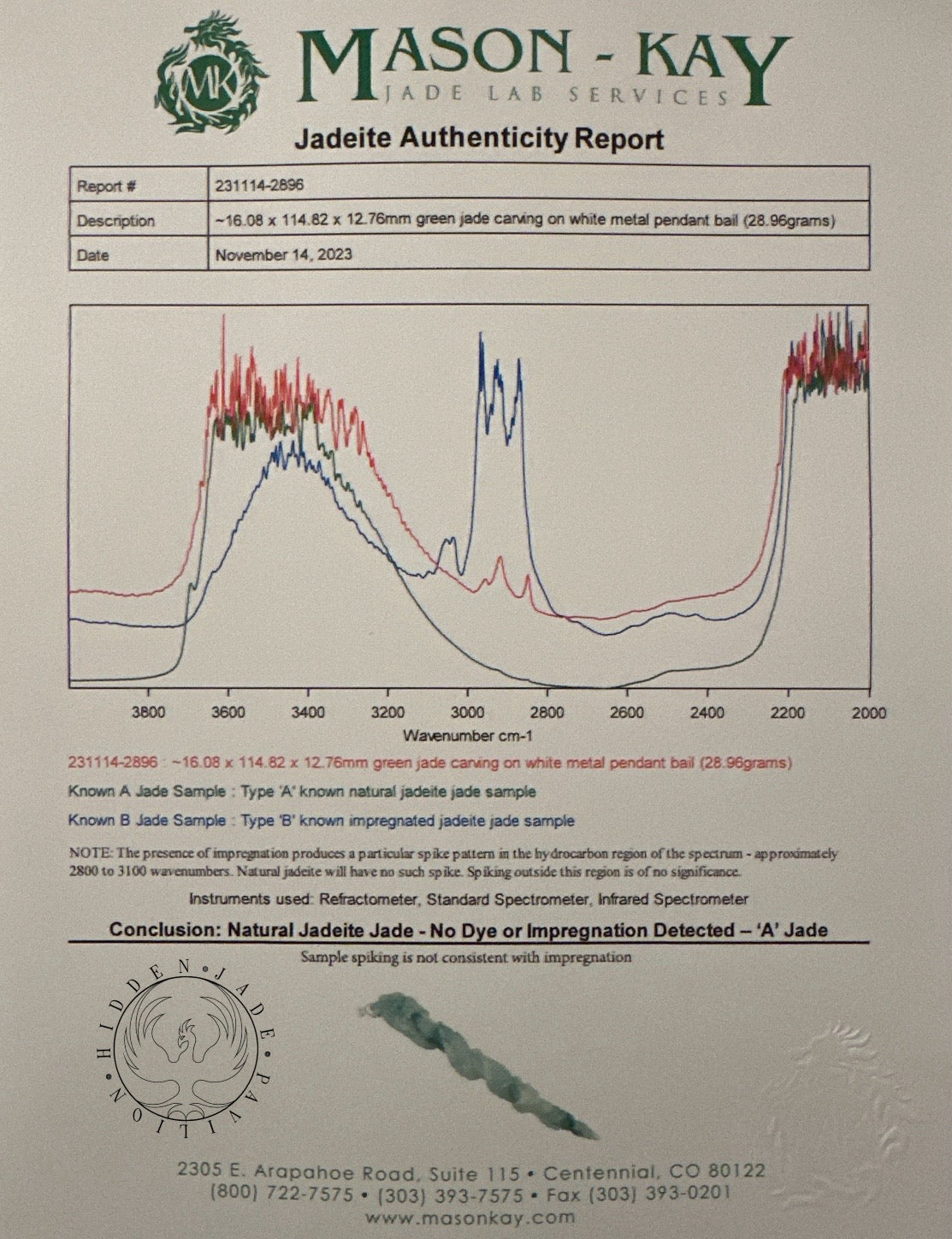 #76 Mason-Kay Certified Natural Jadeite Jade Dragon Pen Pendant