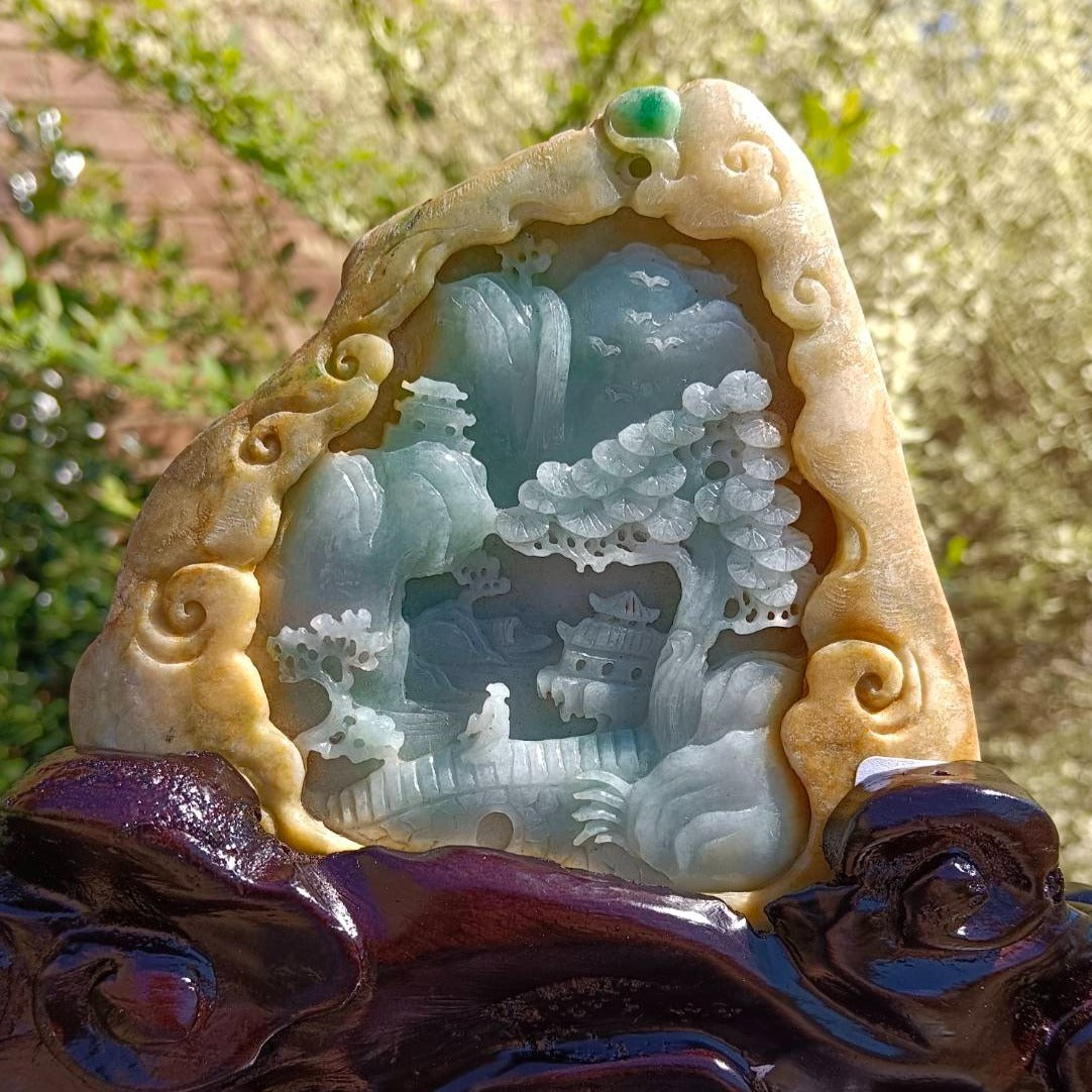 #630 AGL Certified Light Green Burma Jadeite Landscape Statuary with Yellow Skin and Customized Solid Wooded Base