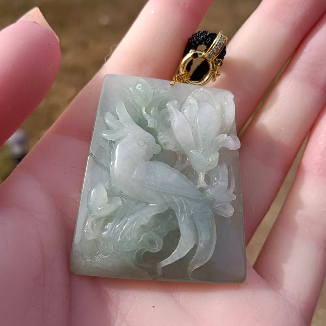 #159 GIA Certified Natural Jadeite Jade Parrot and Peonies Pendant with 18K Yellow Gold