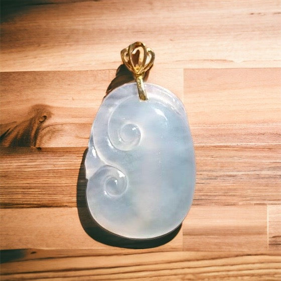 #115 GIA Certified Icy Translucent Natural Burma Jadeite Jade Ruyi Pendant with 18 K Yellow Gold Bail