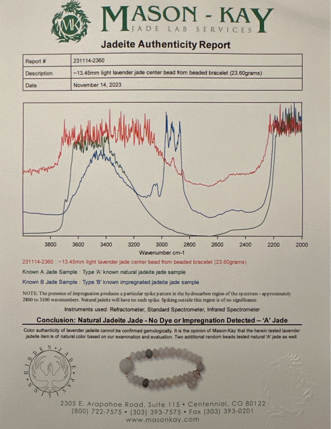 #98 Mason-Kay Certified Lavender Designer Jadeite Jade Bead Bracelet, 8~13 mm