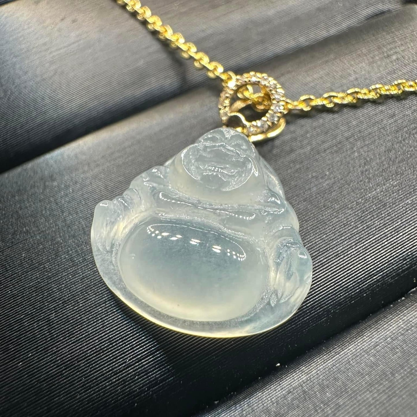 #849 AGL Certified Semi-Transparent White Burma Jadeite, Happy Buddha Pendant
