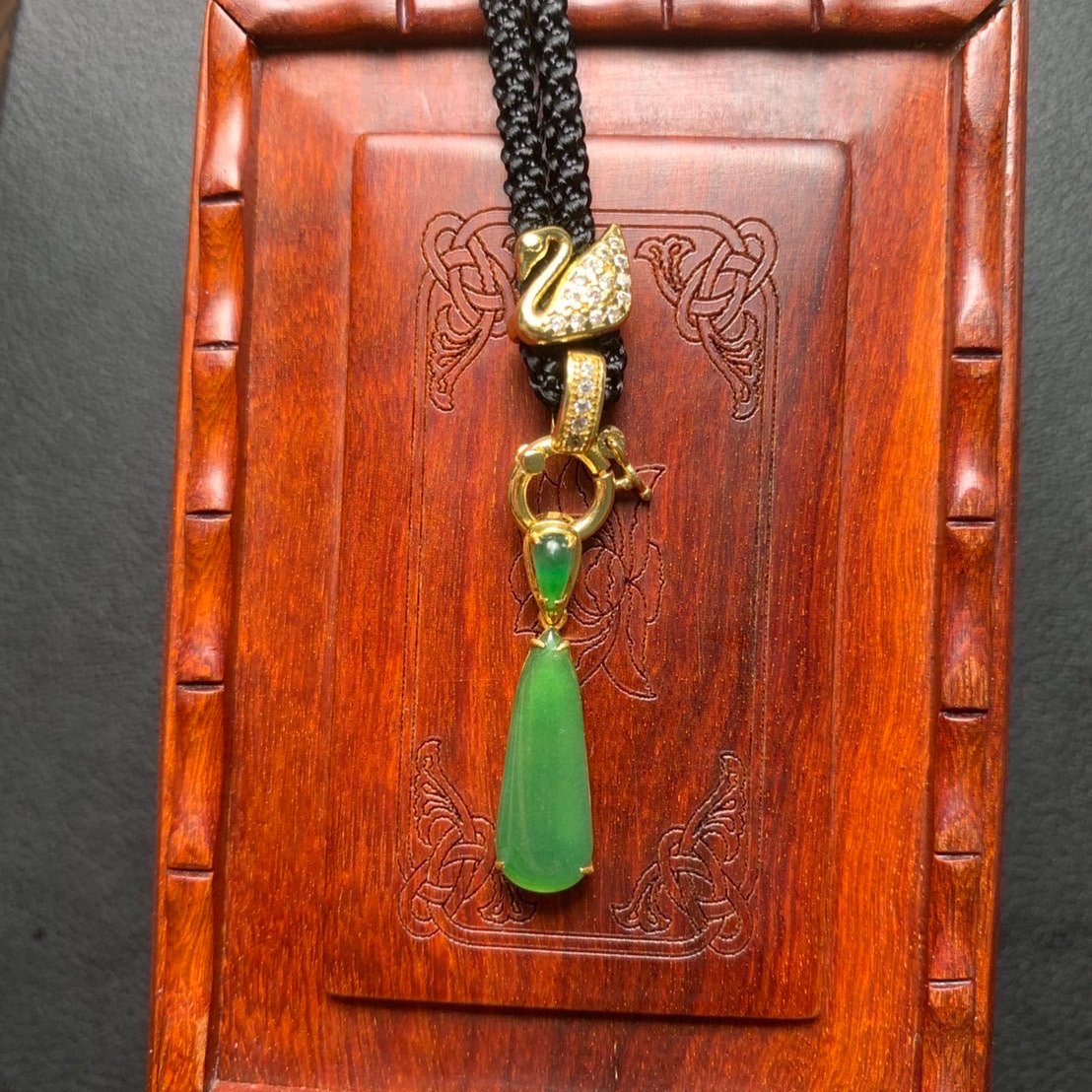 #831 GIA Certified Translucent Burma Jadeite Green Water Droplet Pendant in 18 K Yellow Gold Setting