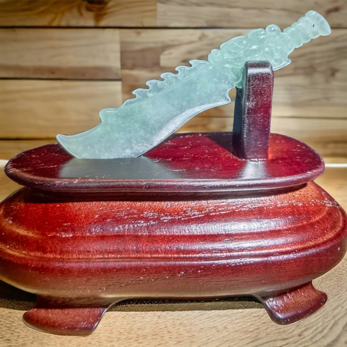#101 GIA-Certified Natural Translucent Light Green Jadeite, Dragon Sword Figurine