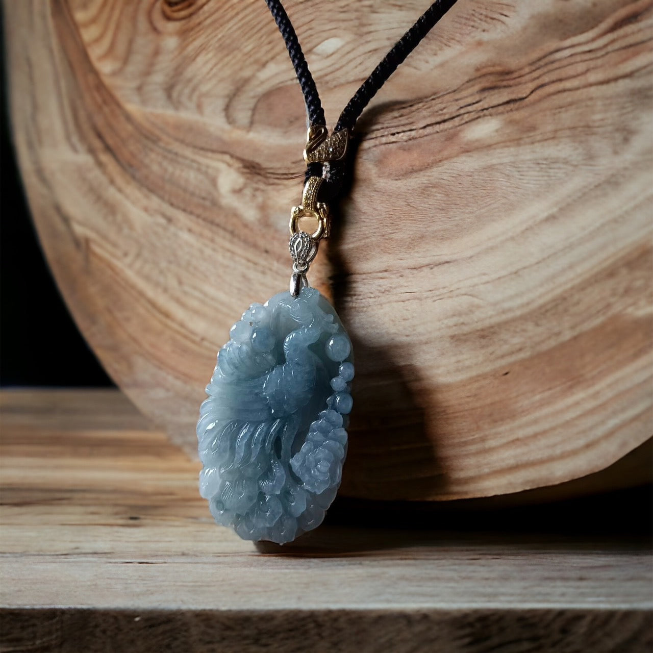 #228 GIA Certified Icy Translucent Purple Blue Burma Jadeite Jade Phoenix Pendant with 18K Yellow Gold Bail