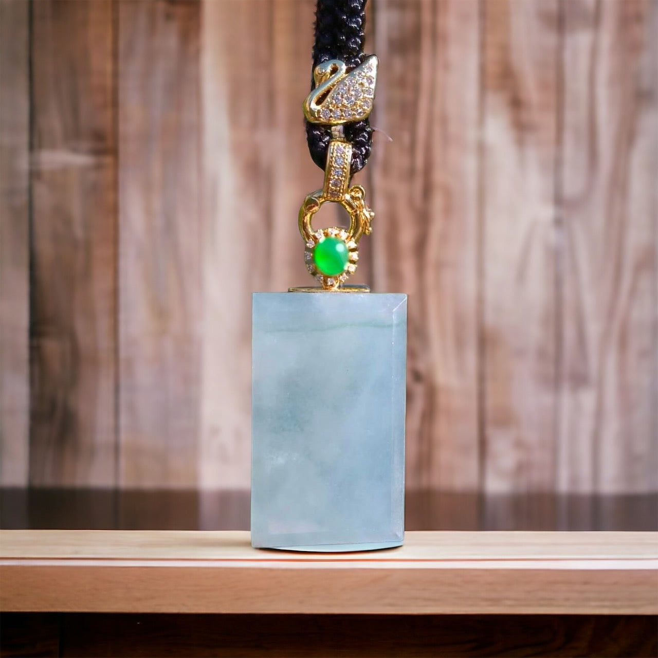 #109 GIA Certified Natural Sky Blue Icy Burma jade rectangular Wu Shi Pai pendant with an imperial green cabochon-diamond-18 K gold bail. A collector's piece.
