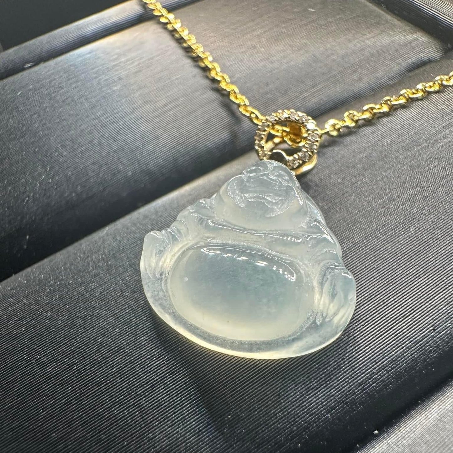 #849 AGL Certified Semi-Transparent White Burma Jadeite, Happy Buddha Pendant