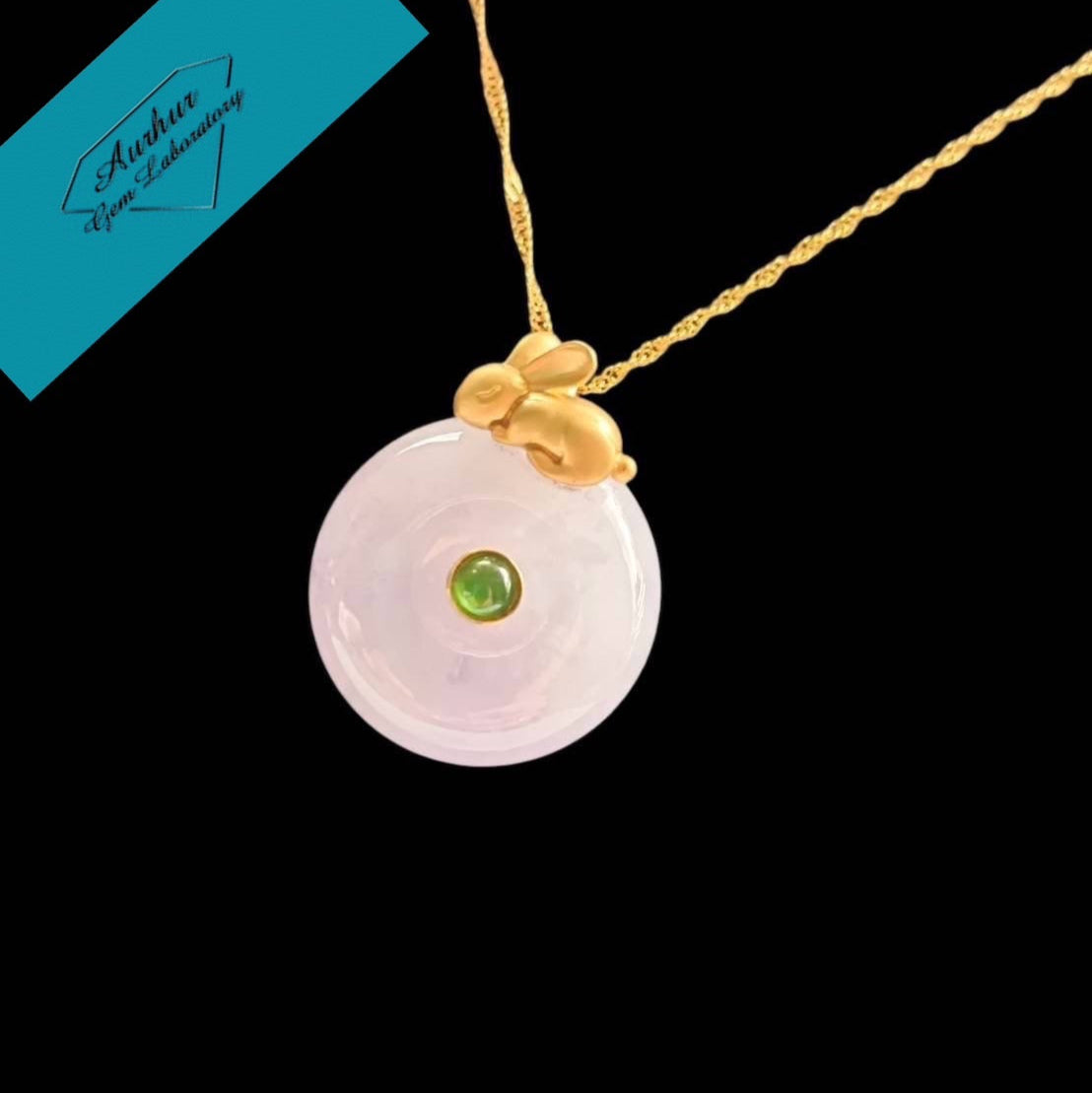 #808 AGL Certified Icy Translucent Lavender Burma Jadeite, Golden Bunny Thick Donut Pendant