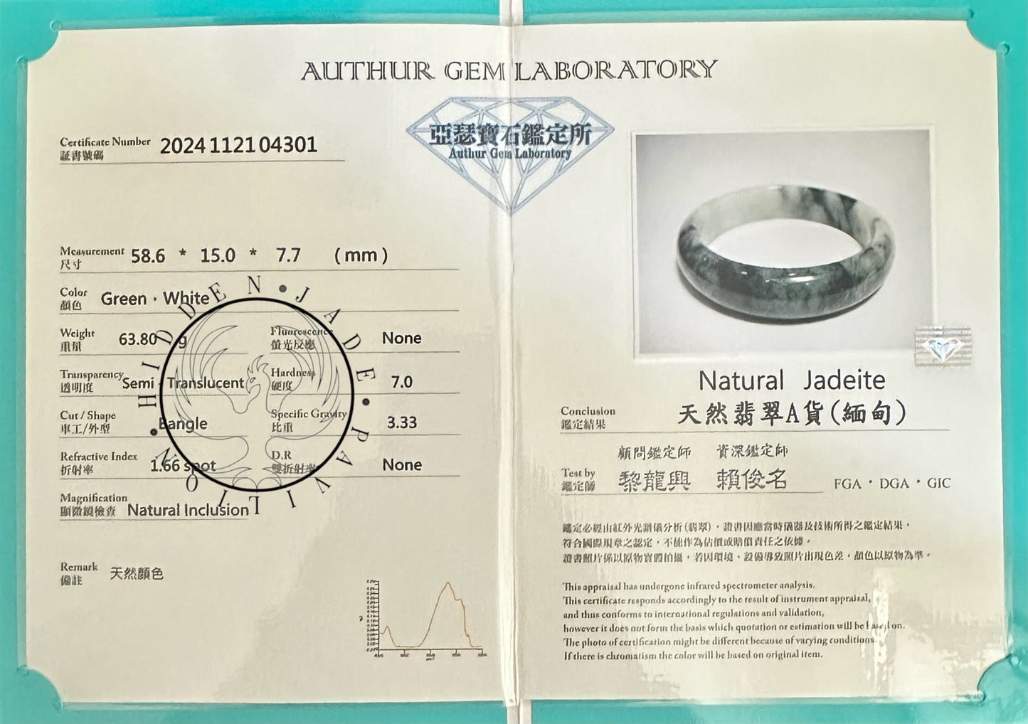 #1101 AGL Certified Dark Green/Black & White Burmese Jadeite Peace Bangle Bracelet