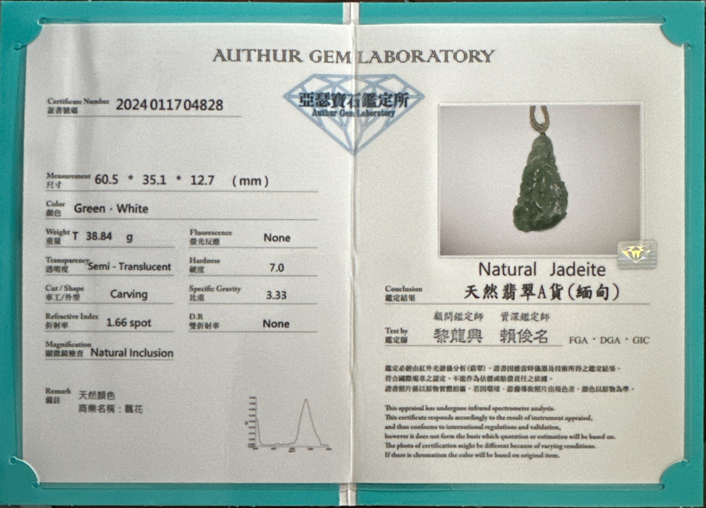 #632 AGL Certified Natural Green Burma Jadeite Phoenix Pendant