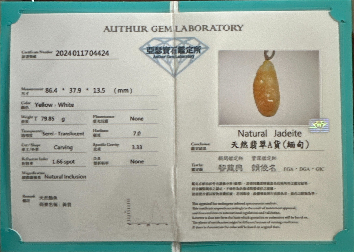 #637 AGL Certified Natural Yellow Burma Jadeite Guan Gong Pendant