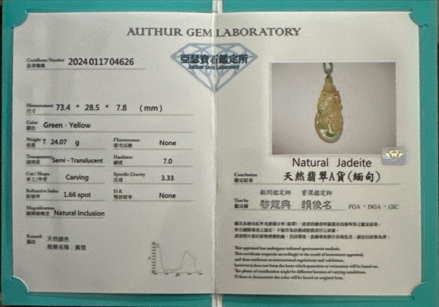 #638 AGL Certified Natural Green and Yellow Burma Jadeite 玉琴 (Yù Qín)/遇知音 (Yù Zhīyīn) Pendant